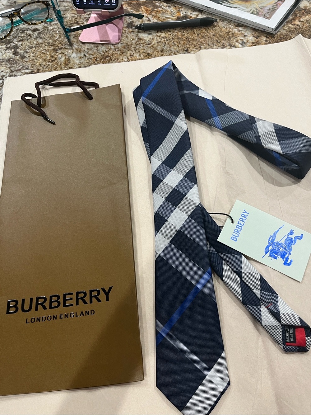 Burberry Navy Plaid Silk Tie with Red Tip